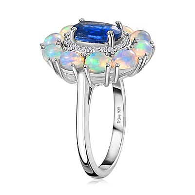 Kashmir Kyanite and Multi Gemstone Double Halo Ring in Platinum Over Sterling Silver (Size 10.0) 2.75 ctw