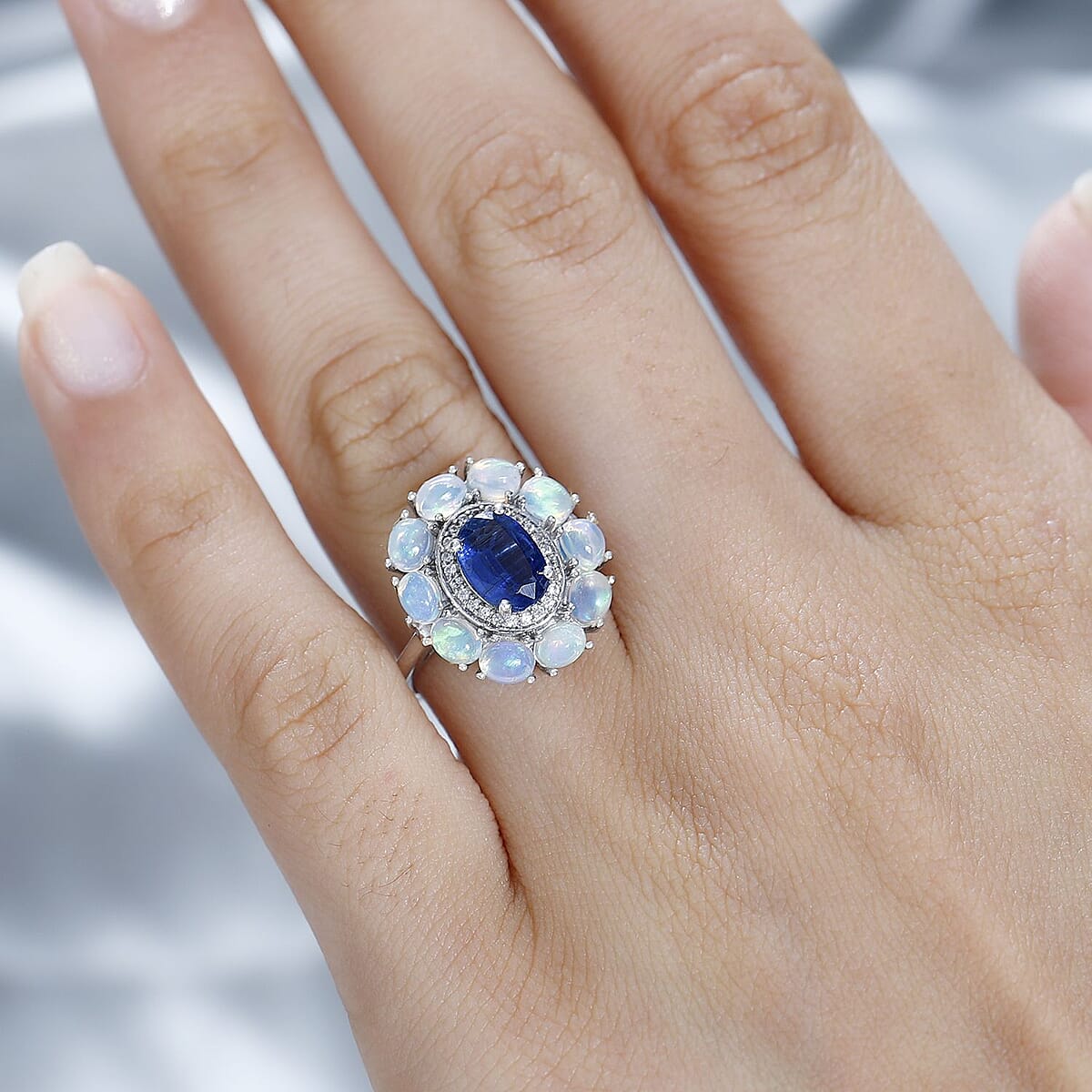 Kashmir Kyanite and Multi Gemstone Double Halo Ring in Platinum Over Sterling Silver (Size 8.0) 2.75 ctw image number 3