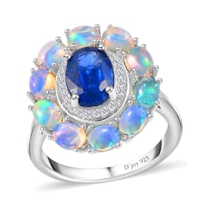 Kashmir Kyanite and Multi Gemstone Double Halo Ring in Platinum Over Sterling Silver (Size 9.0) 2.75 ctw