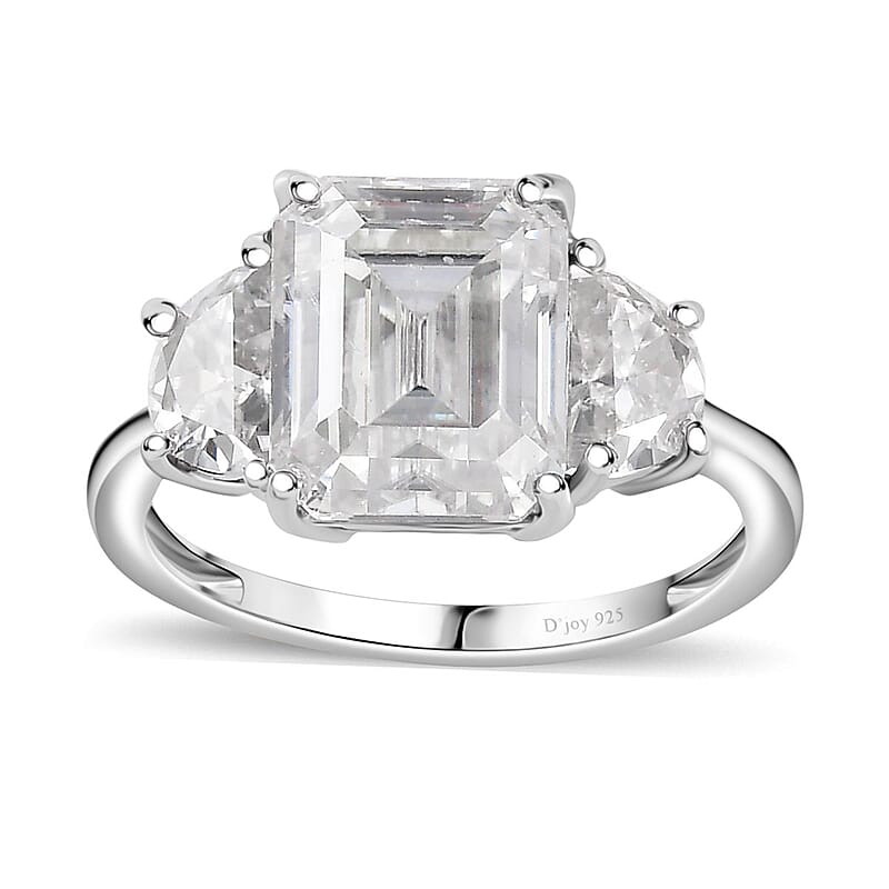 Moissanite 3 Stone Ring in Platinum Over Sterling Silver (Size 10.0) 4.60 ctw