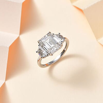 Moissanite 3 Stone Ring in Platinum Over Sterling Silver (Size 10.0) 4.60 ctw