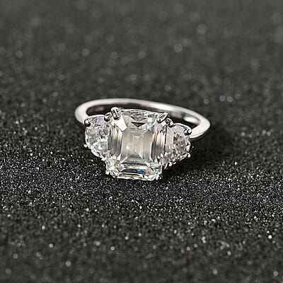 Moissanite 3 Stone Ring in Platinum Over Sterling Silver (Size 10.0) 4.60 ctw