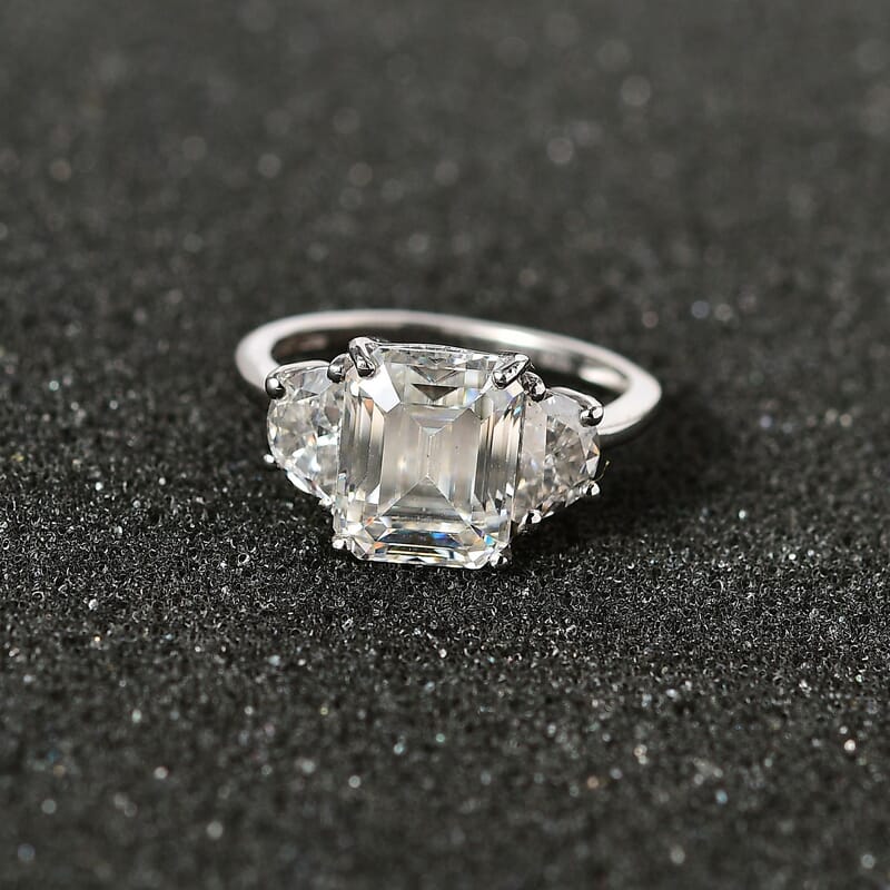 Moissanite 3 Stone Ring in Platinum Over Sterling Silver (Size 10.0) 4.60 ctw