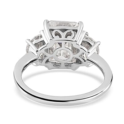 Moissanite 3 Stone Ring in Platinum Over Sterling Silver (Size 10.0) 4.60 ctw