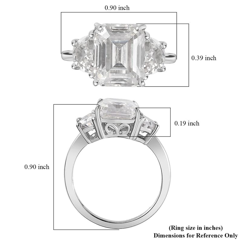 Moissanite 3 Stone Ring in Platinum Over Sterling Silver (Size 10.0) 4.60 ctw