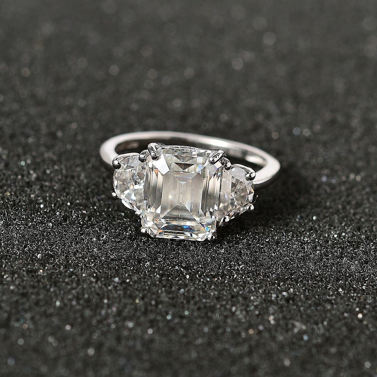 Moissanite 3 Stone Ring in Platinum Over Sterling Silver (Size 6.0) 4.60 ctw image number 2
