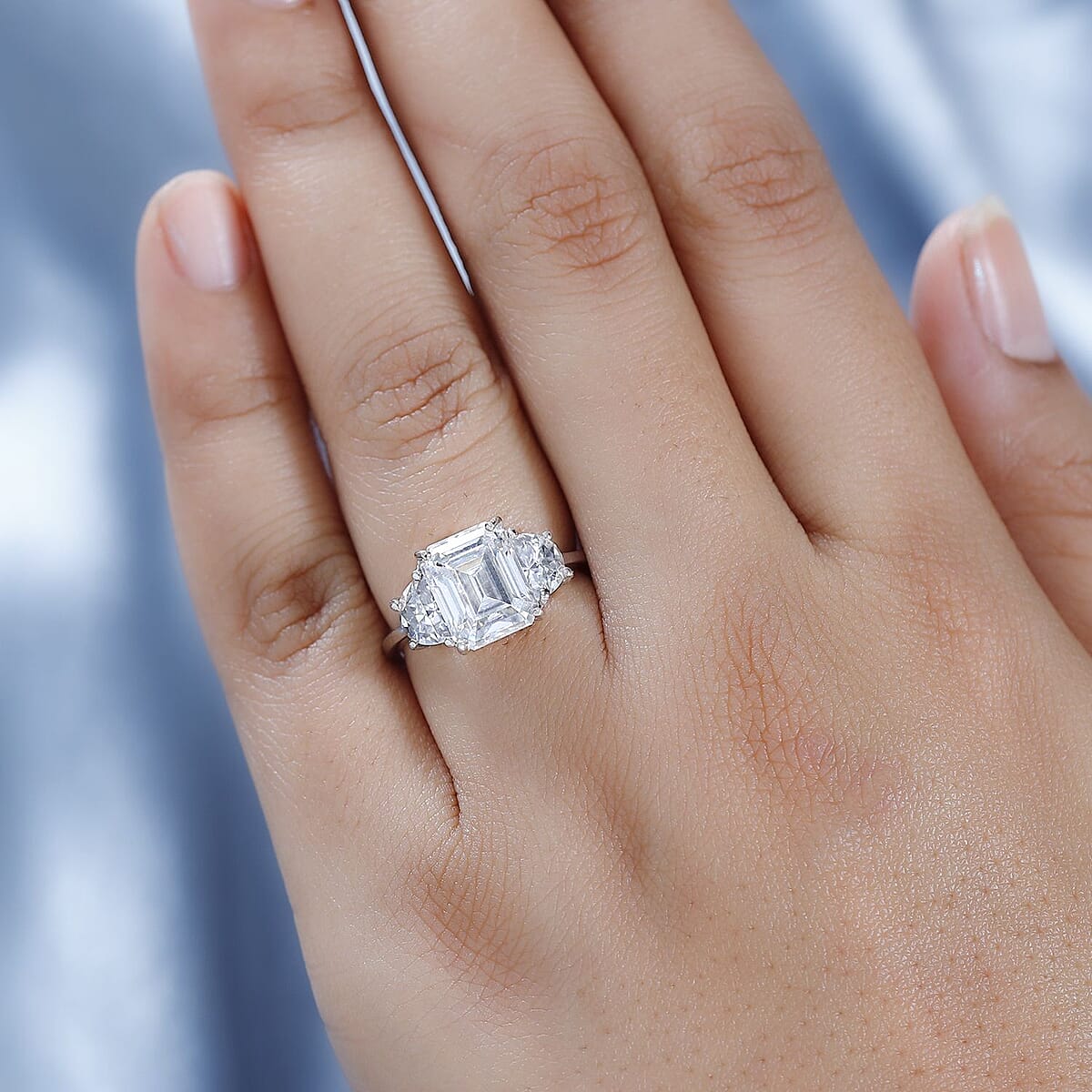 Moissanite 3 Stone Ring in Platinum Over Sterling Silver (Size 6.0) 4.60 ctw image number 3