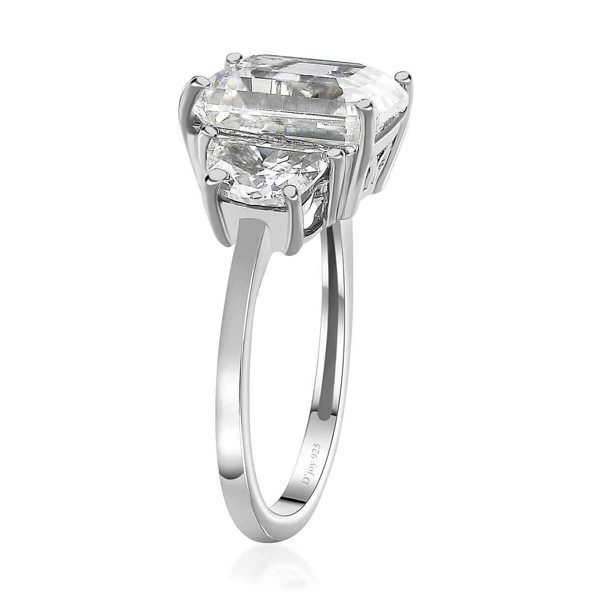 Moissanite 3 Stone Ring in Platinum Over Sterling Silver (Size 6.0) 4.60 ctw image number 4