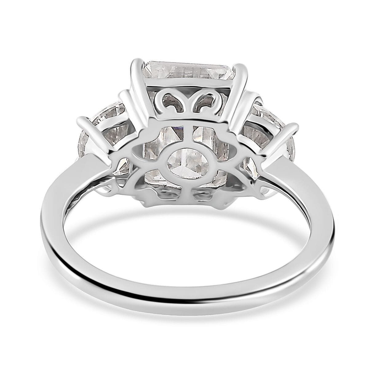 Moissanite 3 Stone Ring in Platinum Over Sterling Silver (Size 6.0) 4.60 ctw image number 5