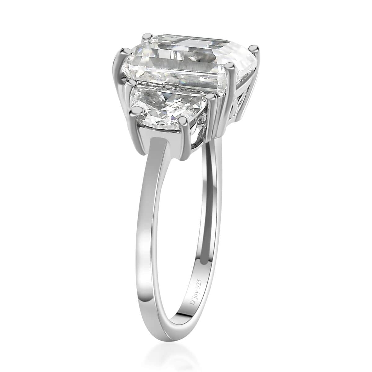 Moissanite 3 Stone Ring in Platinum Over Sterling Silver (Size 7.0) 4.60 ctw image number 4