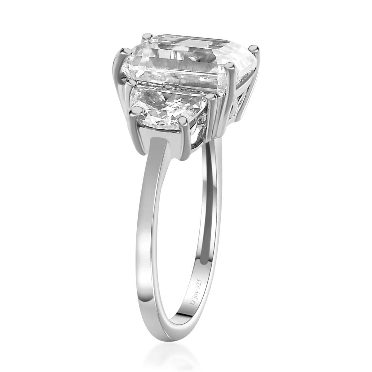 Moissanite 3 Stone Ring in Platinum Over Sterling Silver (Size 9.0) 4.60 ctw image number 4