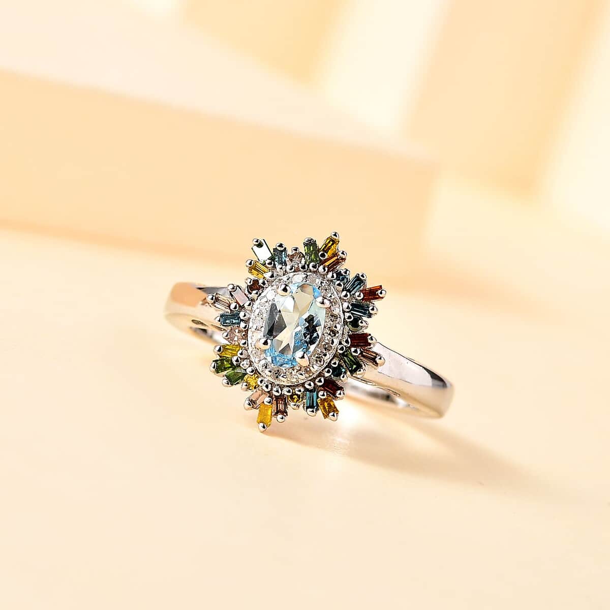 Santa Maria Aquamarine and Multi Diamond Sunburst Ring in Platinum Over Sterling Silver (Size 10.0) 0.75 ctw image number 1