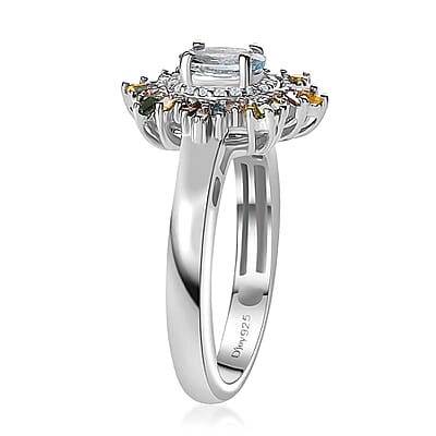 Santa Maria Aquamarine and Multi Diamond Sunburst Ring in Platinum Over Sterling Silver (Size 10.0) 0.75 ctw