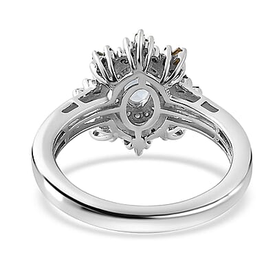 Santa Maria Aquamarine and Multi Diamond Sunburst Ring in Platinum Over Sterling Silver (Size 10.0) 0.75 ctw