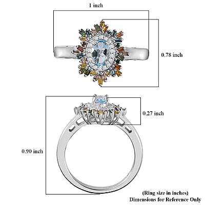 Santa Maria Aquamarine and Multi Diamond Sunburst Ring in Platinum Over Sterling Silver (Size 10.0) 0.75 ctw