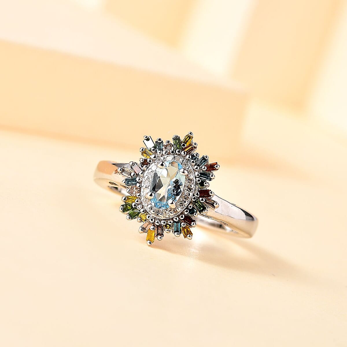 Santa Maria Aquamarine and Multi Diamond Sunburst Ring in Platinum Over Sterling Silver (Size 6.0) 0.75 ctw image number 1