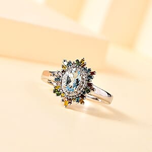 Santa Maria Aquamarine and Multi Diamond Sunburst Ring in Platinum Over Sterling Silver (Size 6.0) 0.75 ctw