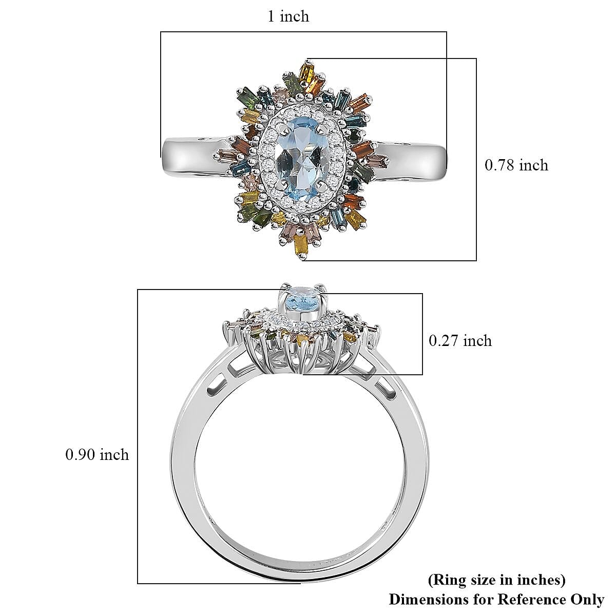 Santa Maria Aquamarine and Multi Diamond Sunburst Ring in Platinum Over Sterling Silver (Size 6.0) 0.75 ctw image number 5