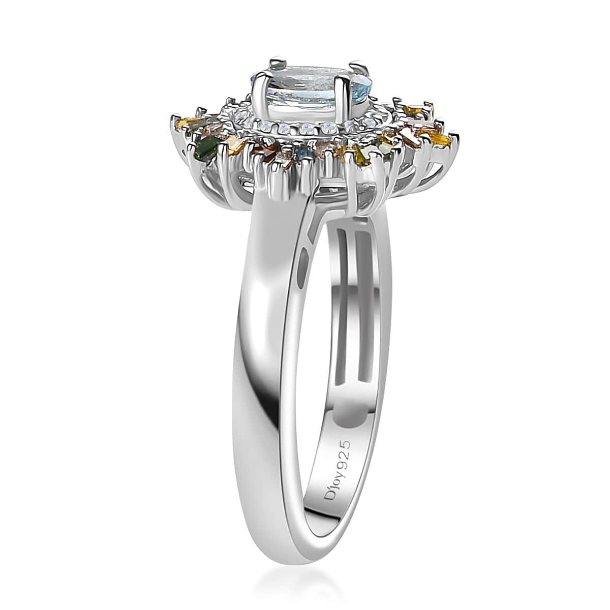 Santa Maria Aquamarine and Multi Diamond Sunburst Ring in Platinum Over Sterling Silver (Size 7.0) 0.75 ctw image number 3