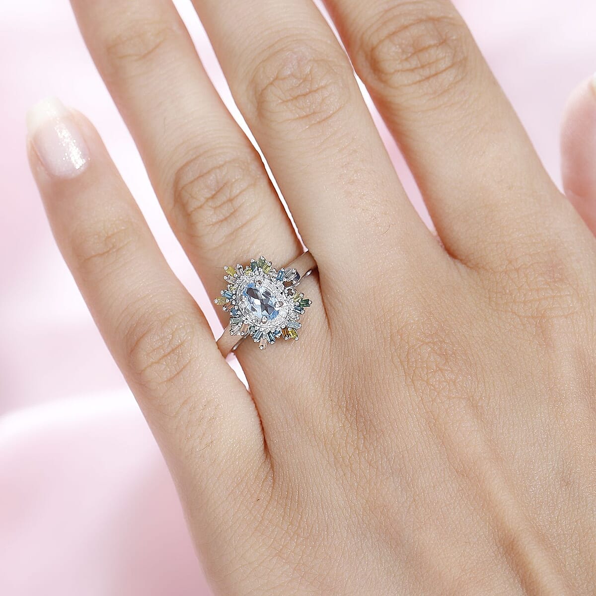 Santa Maria Aquamarine and Multi Diamond Sunburst Ring in Platinum Over Sterling Silver (Size 8.0) 0.75 ctw image number 2