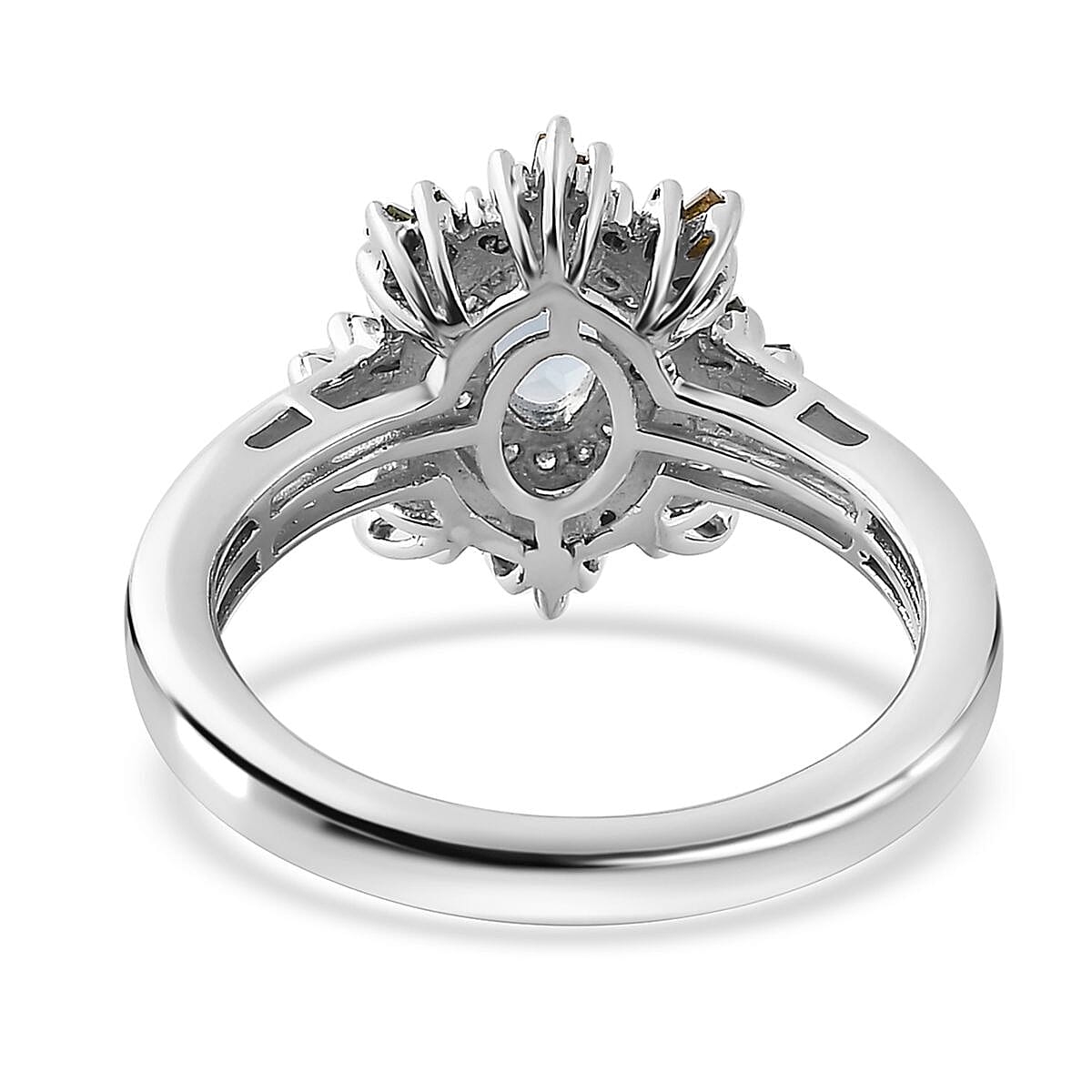 Santa Maria Aquamarine and Multi Diamond Sunburst Ring in Platinum Over Sterling Silver (Size 8.0) 0.75 ctw image number 4