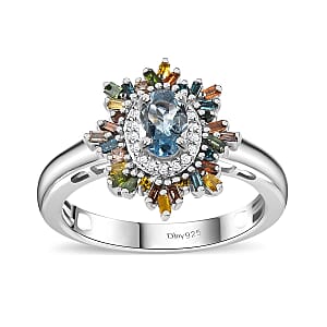 Santa Maria Aquamarine and Multi Diamond Sunburst Ring in Platinum Over Sterling Silver (Size 5.0) 0.75 ctw