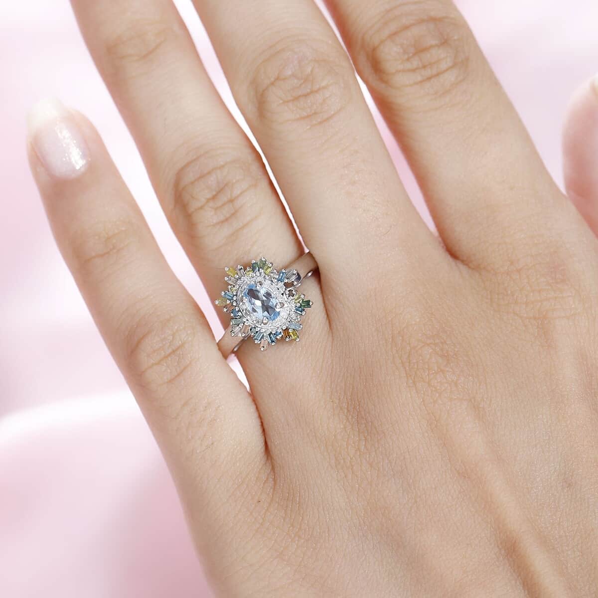Santa Maria Aquamarine and Multi Diamond Sunburst Ring in Platinum Over Sterling Silver (Size 5.0) 0.75 ctw image number 2