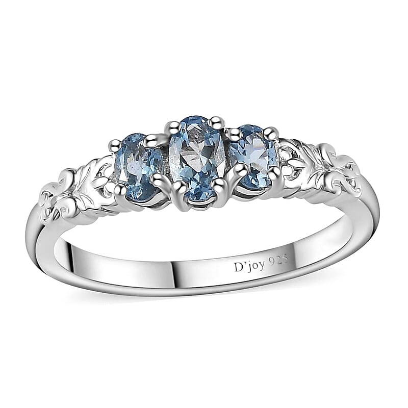 Santa Maria Aquamarine 3 Stone Ring in Platinum Over Sterling Silver (Size 10.0) 0.50 ctw