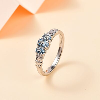 Santa Maria Aquamarine 3 Stone Ring in Platinum Over Sterling Silver (Size 10.0) 0.50 ctw