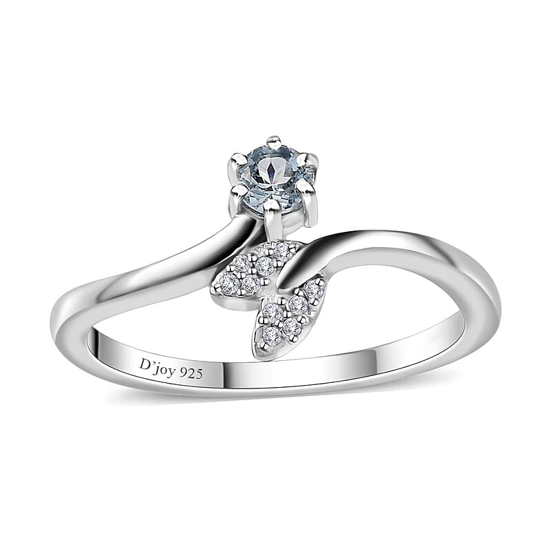 Santa Maria Aquamarine and White Zircon Fish Tail Bypass Ring in Platinum Over Sterling Silver (Size 10.0) 0.20 ctw