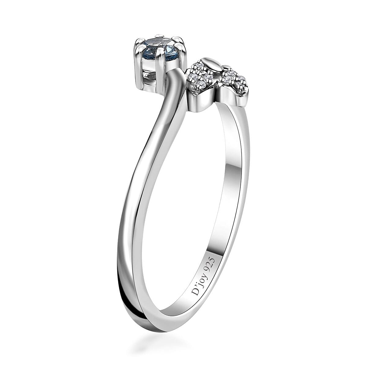 Santa Maria Aquamarine and White Zircon Fish Tail Bypass Ring in Platinum Over Sterling Silver (Size 10.0) 0.20 ctw