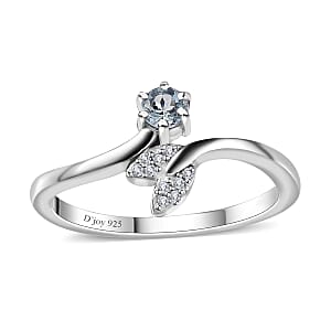 Santa Maria Aquamarine and White Zircon Fish Tail Bypass Ring in Platinum Over Sterling Silver (Size 6.0) 0.20 ctw
