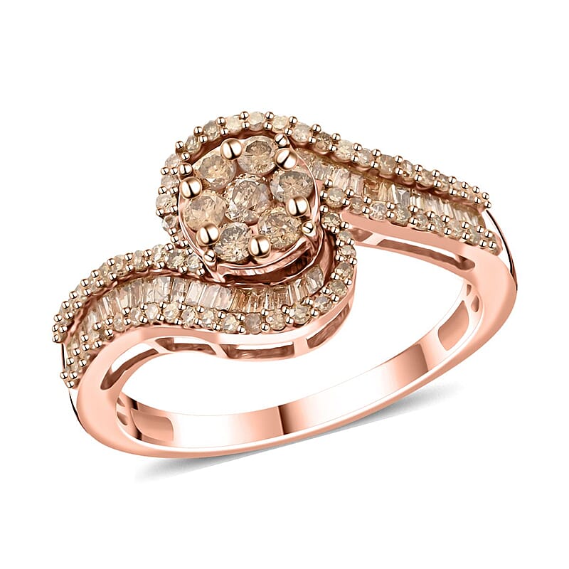Natural Champagne Diamond Bypass Ring in Vermeil Rose Gold Over Sterling Silver (Size 10.0) 1.00 ctw