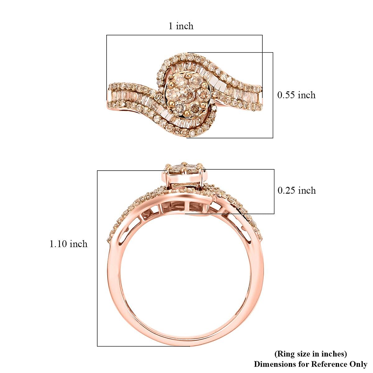 Natural Champagne Diamond Bypass Ring in Vermeil Rose Gold Over Sterling Silver (Size 10.0) 1.00 ctw