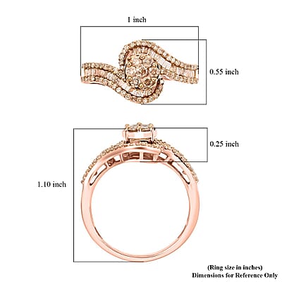 Natural Champagne Diamond Bypass Ring in Vermeil Rose Gold Over Sterling Silver (Size 10.0) 1.00 ctw