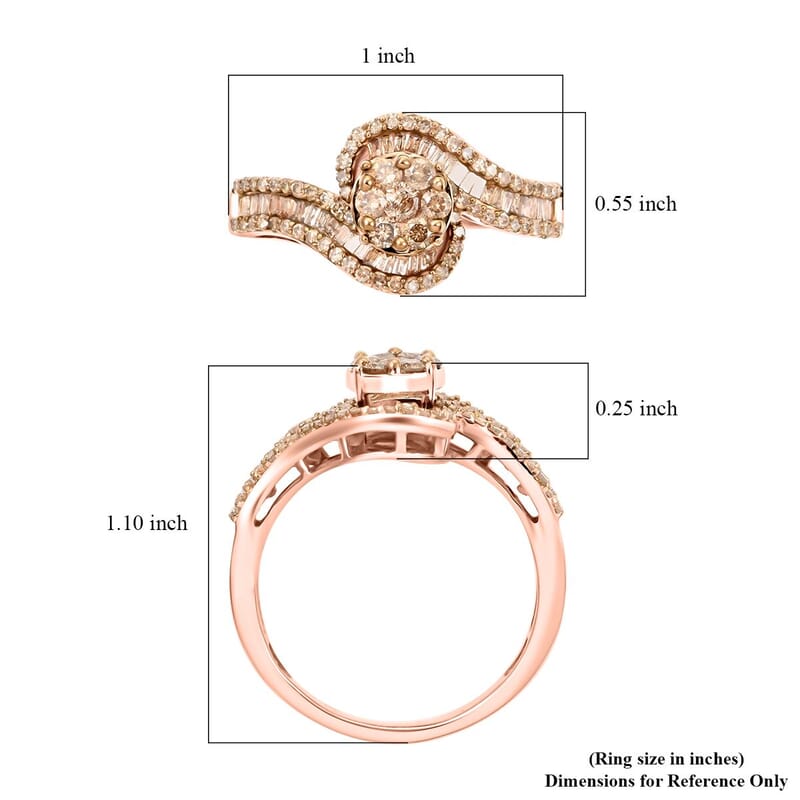 Natural Champagne Diamond Bypass Ring in Vermeil Rose Gold Over Sterling Silver (Size 10.0) 1.00 ctw
