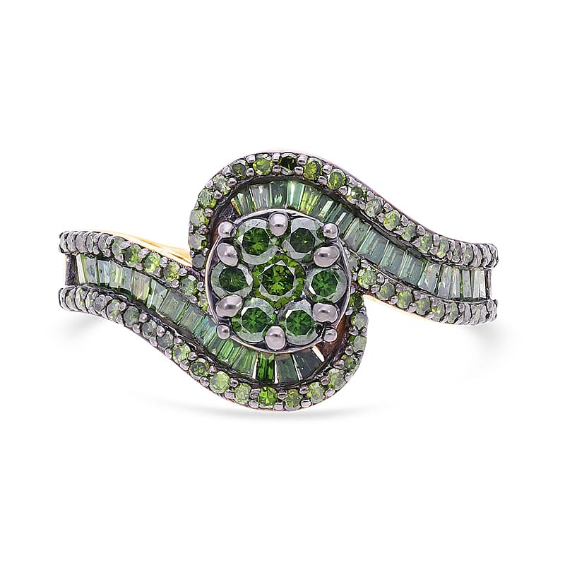 Green Diamond Bypass Ring in Vermeil Yellow Gold Over Sterling Silver (Size 10.0) 1.00 ctw