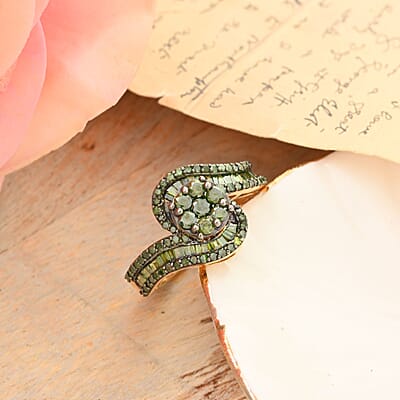 Green Diamond Bypass Ring in Vermeil Yellow Gold Over Sterling Silver (Size 10.0) 1.00 ctw