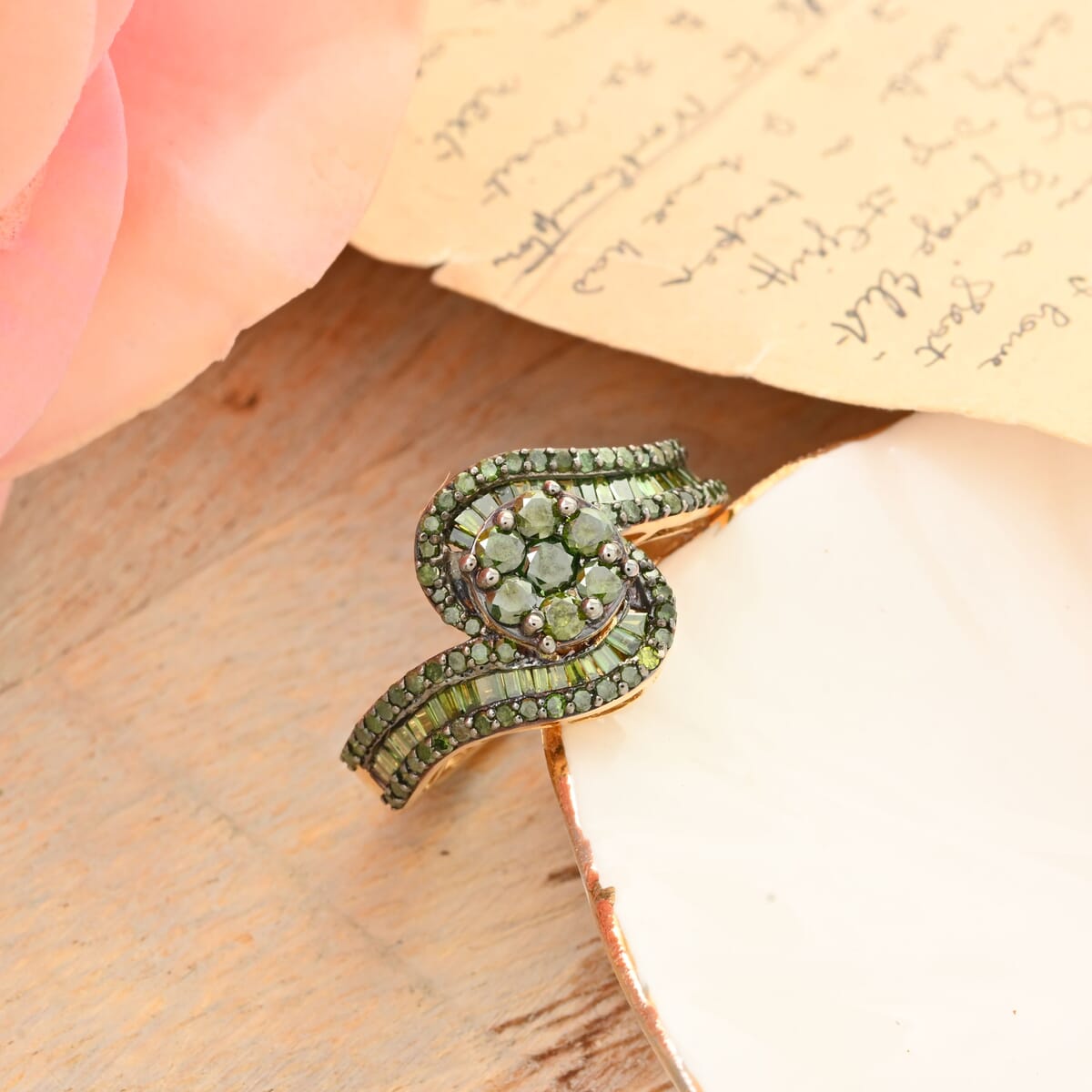 Green Diamond Bypass Ring in Vermeil Yellow Gold Over Sterling Silver (Size 8.0) 1.00 ctw image number 1