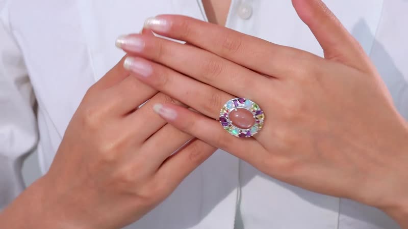 Peach Moonstone and Multi Gemstone Cocktail Ring in Platinum Over Sterling Silver (Size 10.0) 19.65 ctw