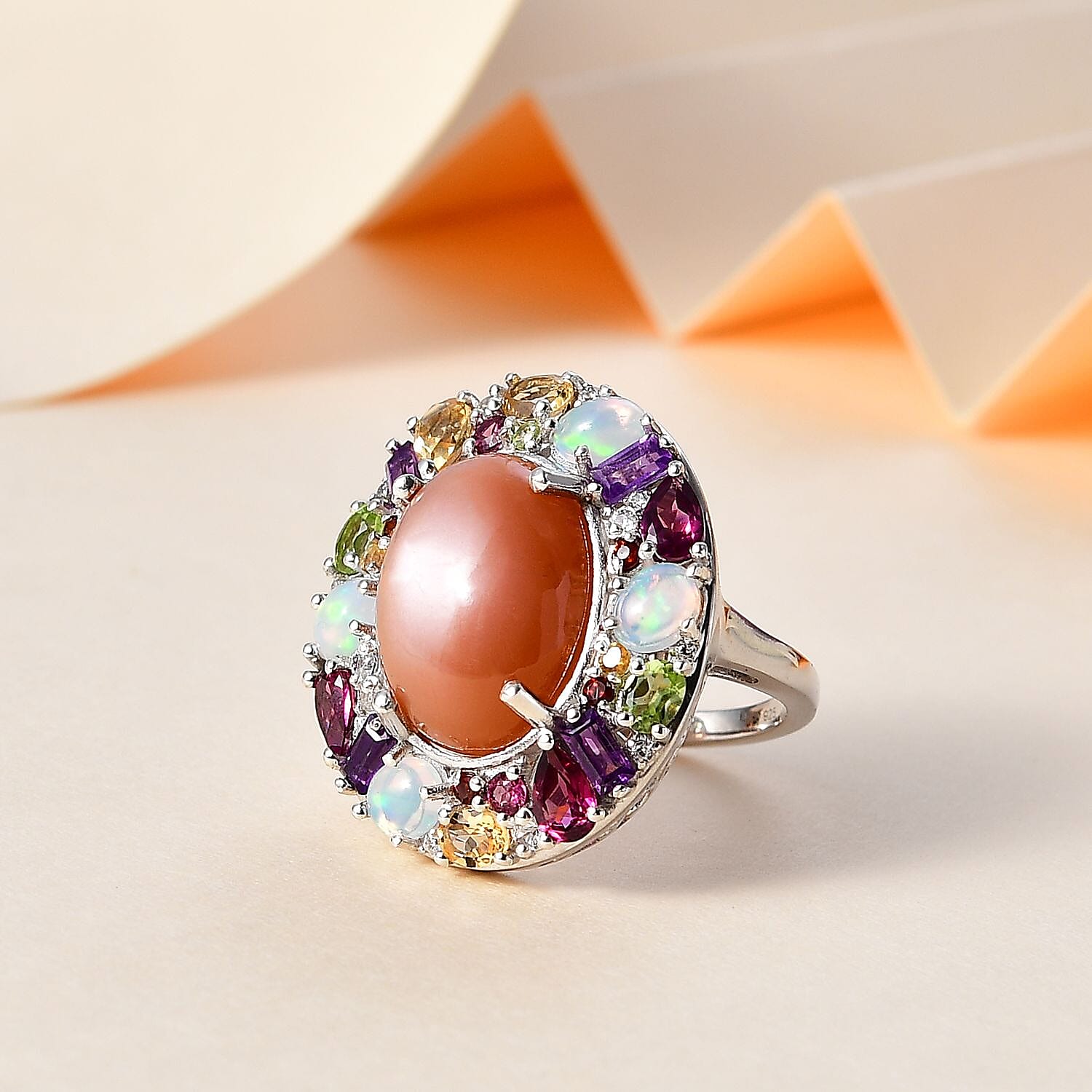Peach Moonstone and Multi Gemstone 19.90 ctw Graffiti Ring in Platinum Over Sterling Silver (Size 10.0)
