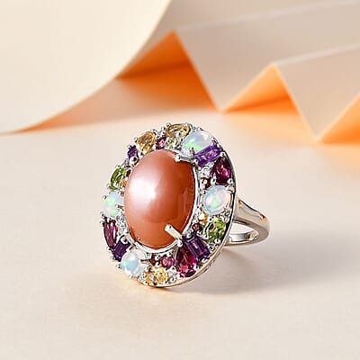 Peach Moonstone and Multi Gemstone 19.90 ctw Graffiti Ring in Platinum Over Sterling Silver (Size 10.0)