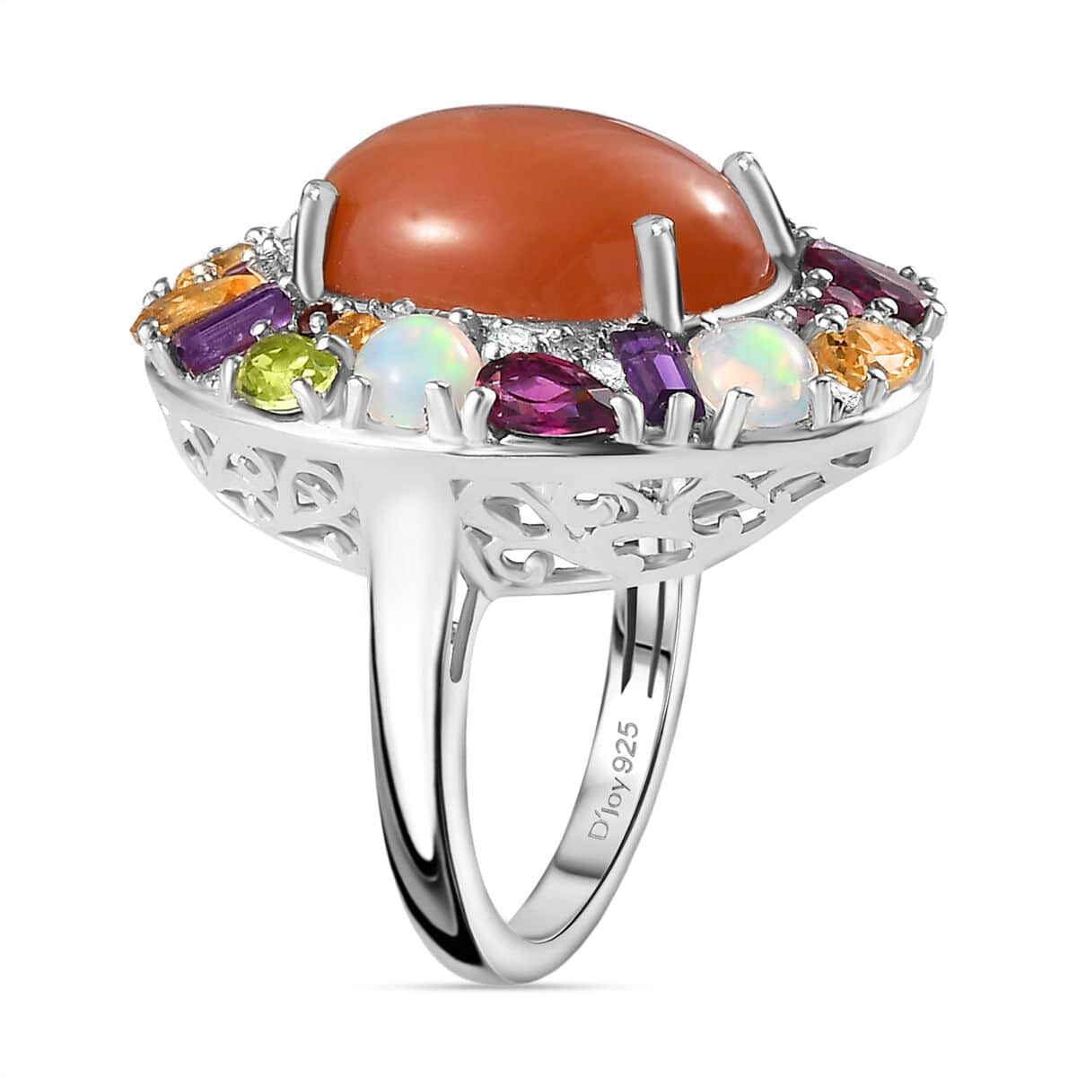 Peach Moonstone and Multi Gemstone 19.90 ctw Graffiti Ring in Platinum Over Sterling Silver (Size 10.0) image number 3