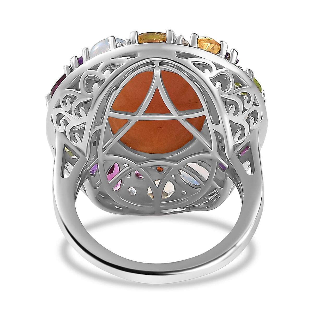 Peach Moonstone and Multi Gemstone 19.90 ctw Graffiti Ring in Platinum Over Sterling Silver (Size 10.0)