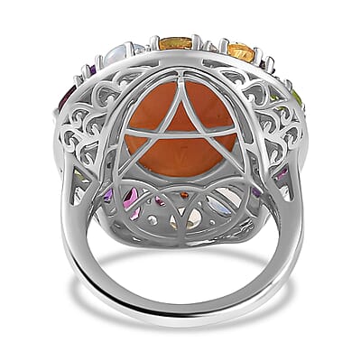 Peach Moonstone and Multi Gemstone 19.90 ctw Graffiti Ring in Platinum Over Sterling Silver (Size 10.0)