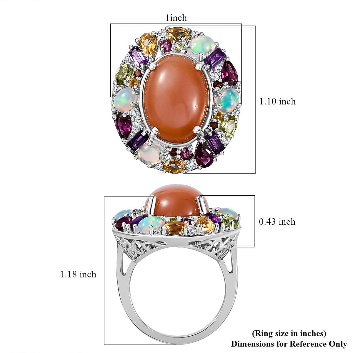 Peach Moonstone and Multi Gemstone 19.90 ctw Graffiti Ring in Platinum Over Sterling Silver (Size 10.0)