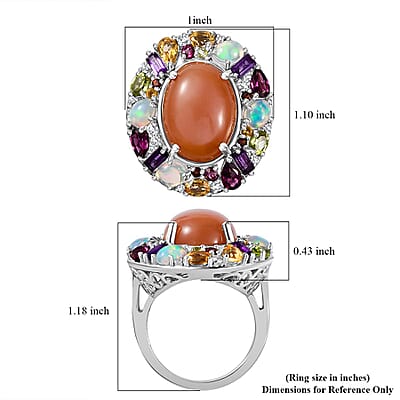 Peach Moonstone and Multi Gemstone 19.90 ctw Graffiti Ring in Platinum Over Sterling Silver (Size 10.0)