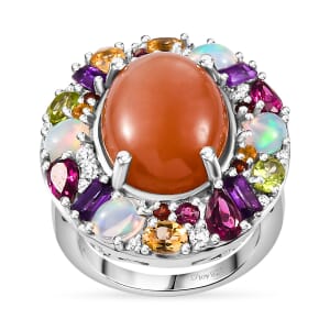 Peach Moonstone and Multi Gemstone 19.90 ctw Graffiti Ring in Platinum Over Sterling Silver (Size 9.0)