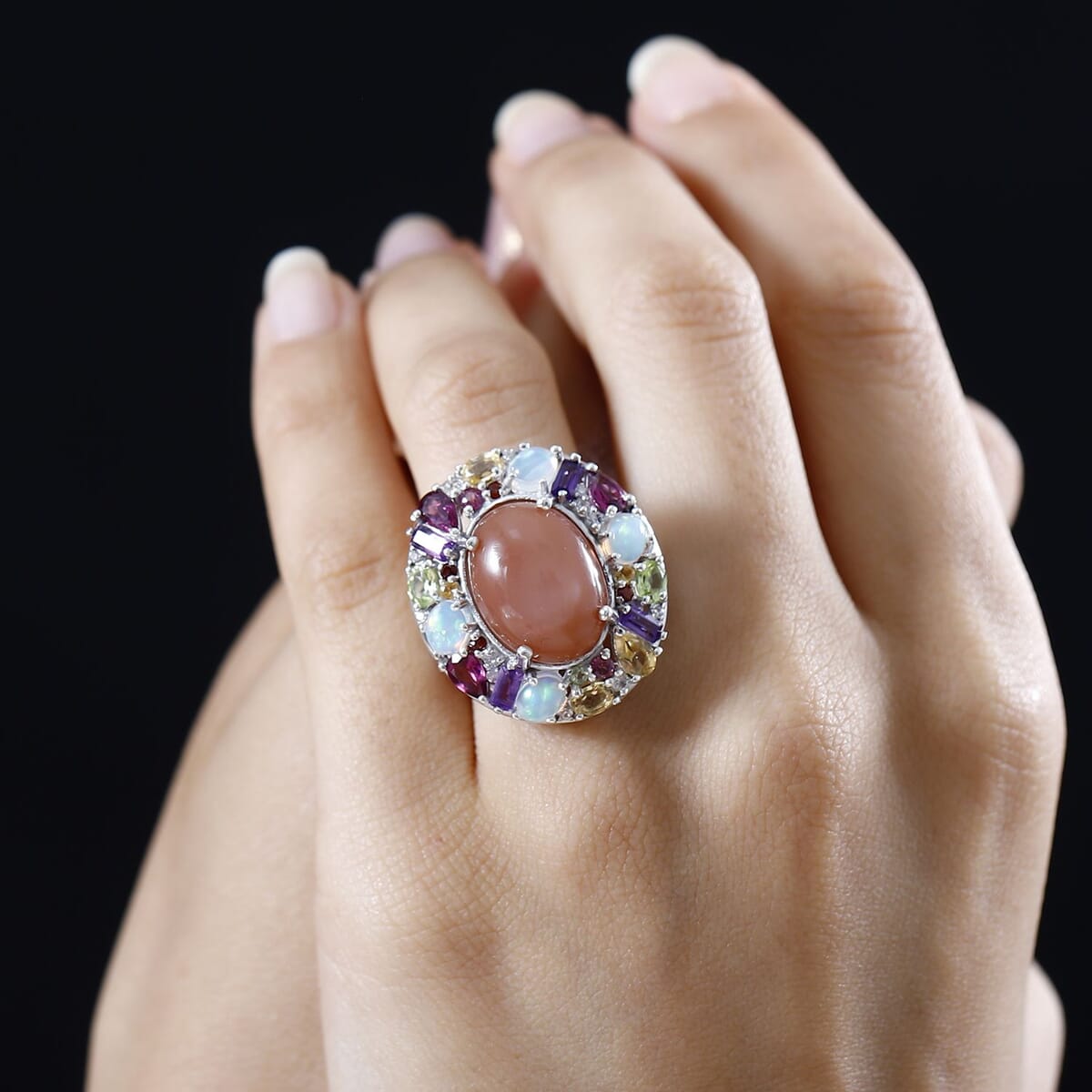 Peach Moonstone and Multi Gemstone 19.90 ctw Graffiti Ring in Platinum Over Sterling Silver (Size 9.0) image number 2