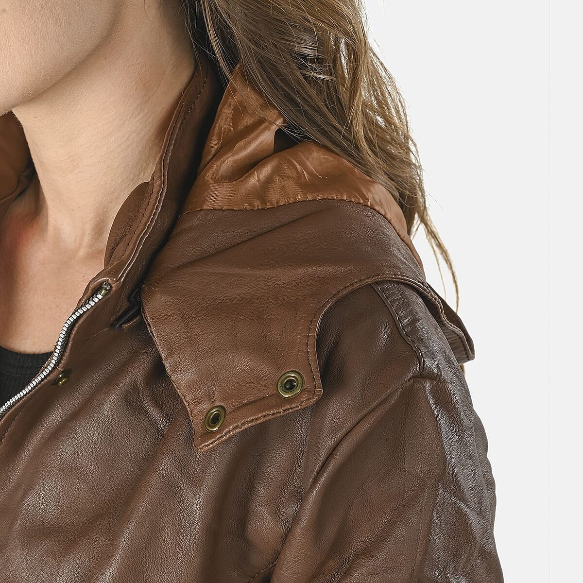 La Marey Pecan Genuine Lambskin Leather Zip Up Jacket with Detachable Hoods - S image number 3